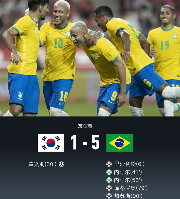 韩国巴西5-1韩国 内马尔点射双响 库蒂尼奥、热苏斯替补建功